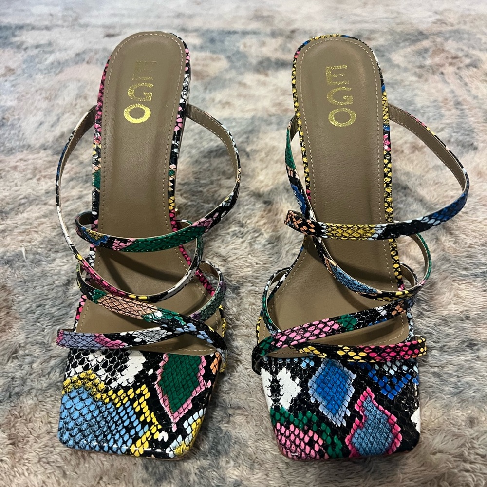 EGO Multicolor cross strap square toe mule snake print faux leather heels - Picture 3 of 4